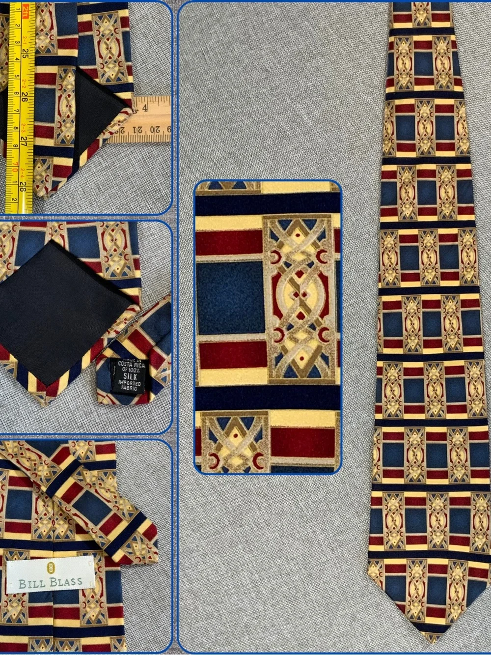 Bill Blass Silk Tie Navy Burgundy Gold Art Deco Geometric Pattern Necktie